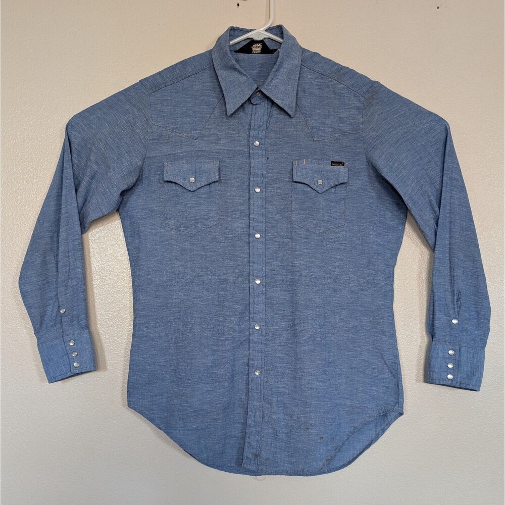 Vintage 70s Sears Pearl Snap Large L/S Shirt Blue Chambray Denim Western Wear